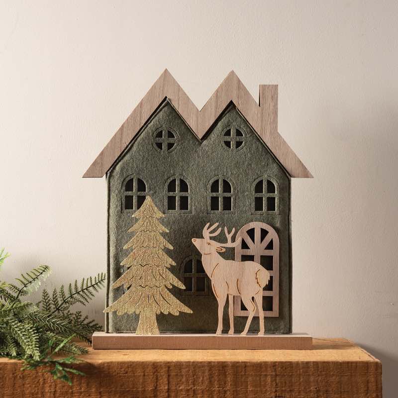 Wood and Felt House with Reindeer Accent