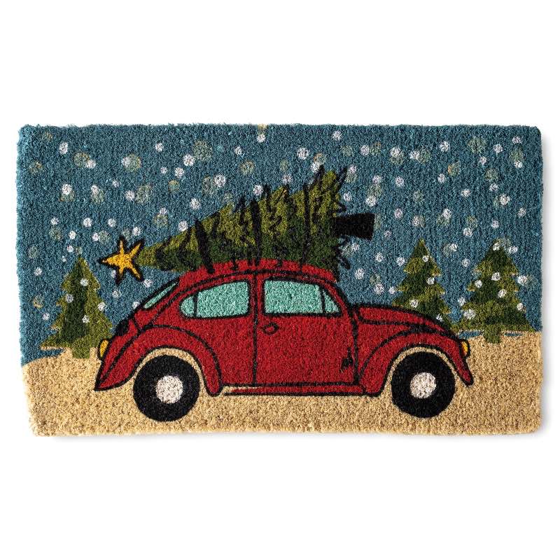 Red Car with Christmas Tree Coir Mat