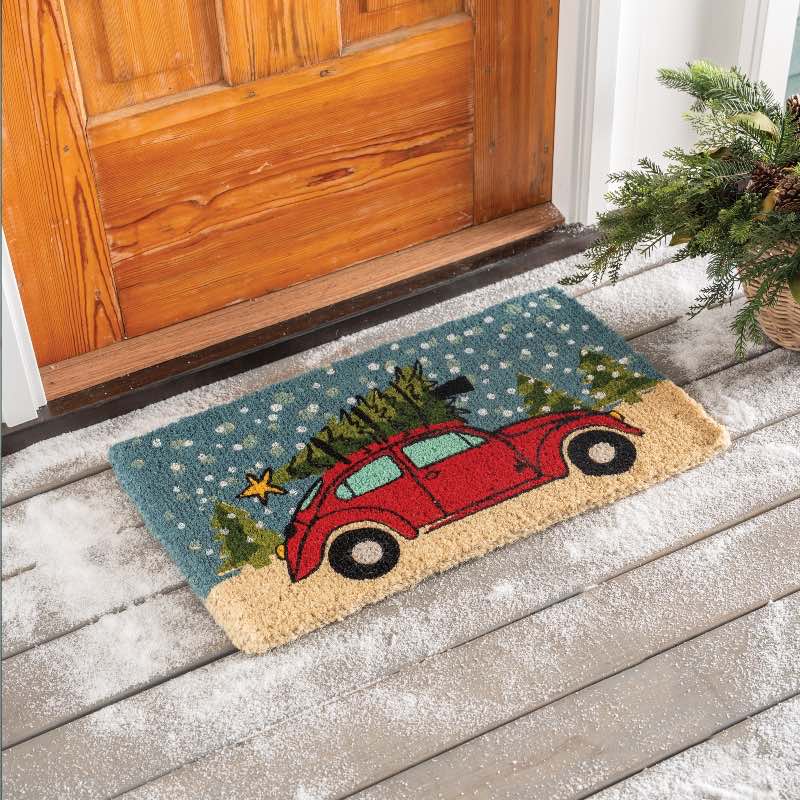 Red Car with Christmas Tree Coir Mat