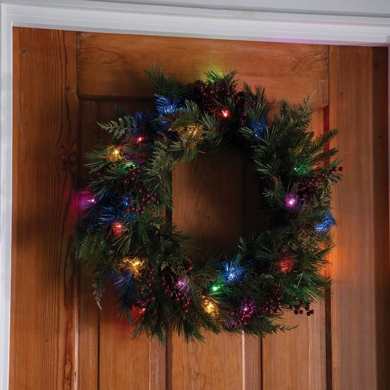 Dual Color LED In/Out Mixed Cedar With Berries Wreath