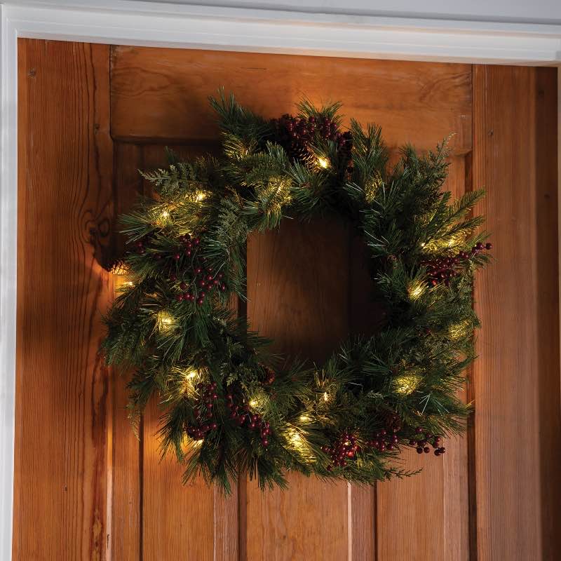Dual Color LED In/Out Mixed Cedar With Berries Wreath