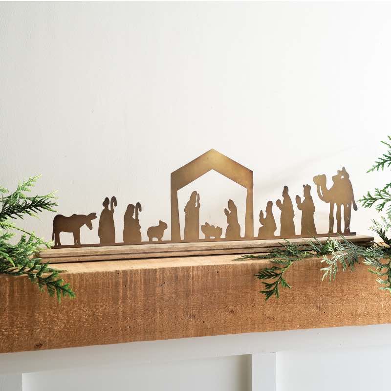 Metal Nativity on a Wooden Stand