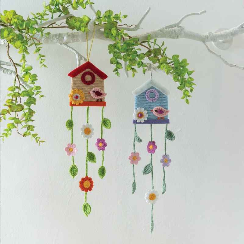 Set of 2 Knit Birdhouse Mobiles