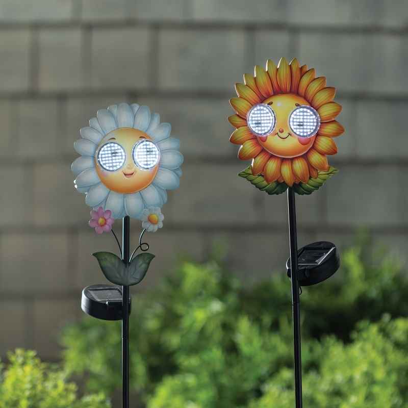 Set of 2 Flowers with Faces Solar Stakes