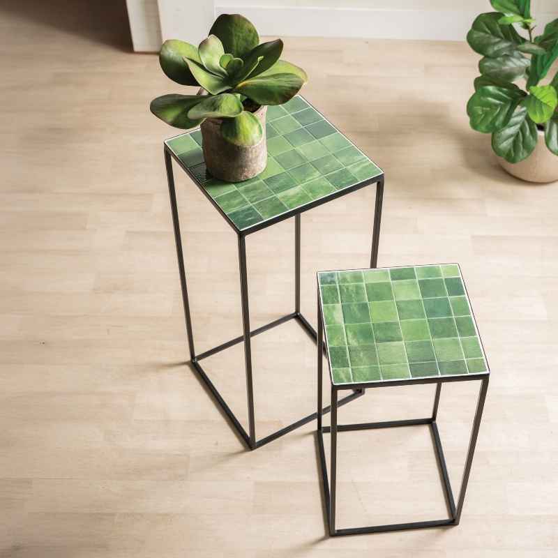 Set of 2 Checkered Stone Mosaic Accent Stands