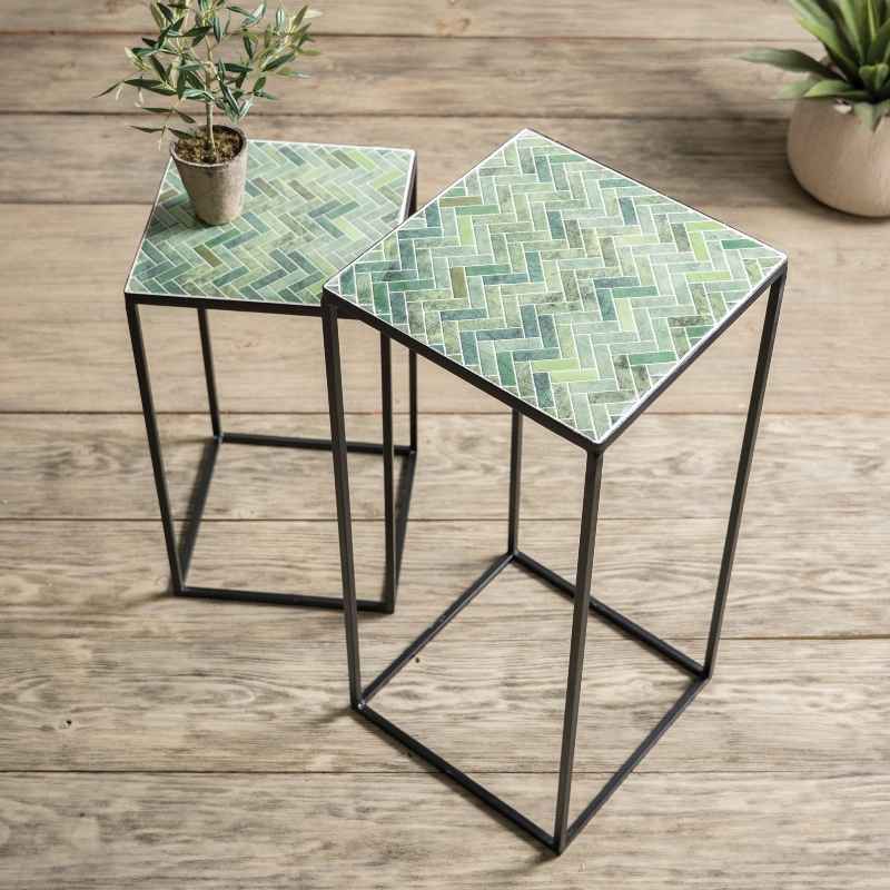 Set of 2 Herringbone Stone Mosaic Accent Stands