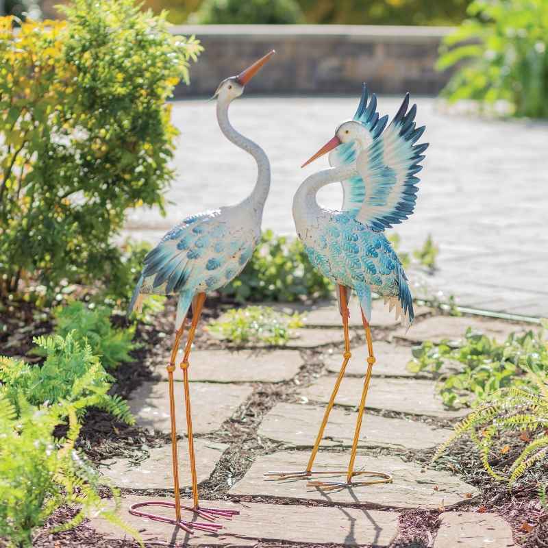 Set of 2 Metal Blue Cranes