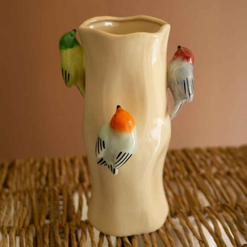 Ceramic Log Vase with Birds