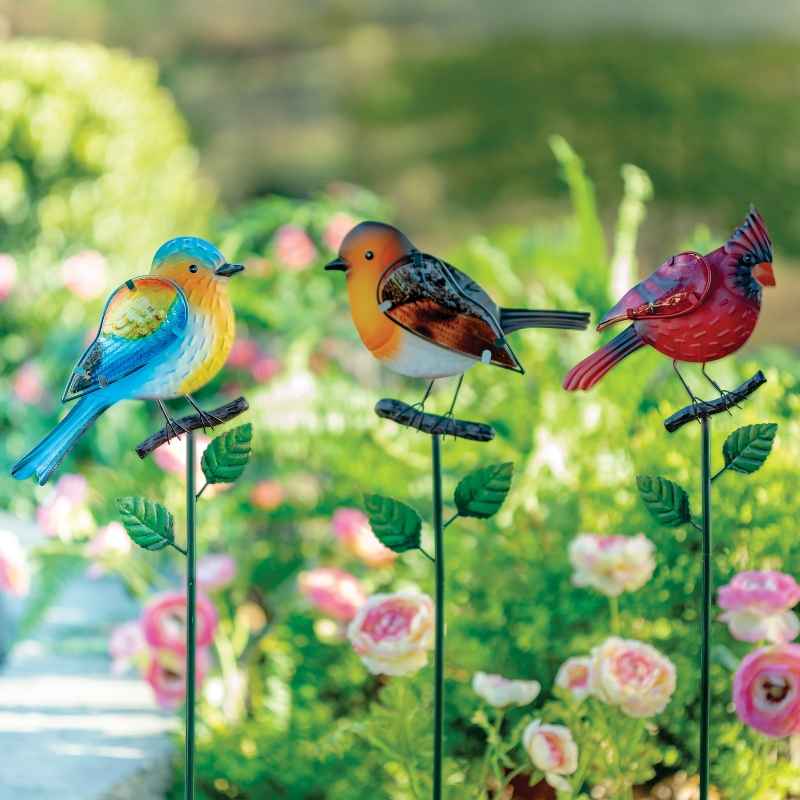 Set of 3 Glass and Metal Songbird Stakes