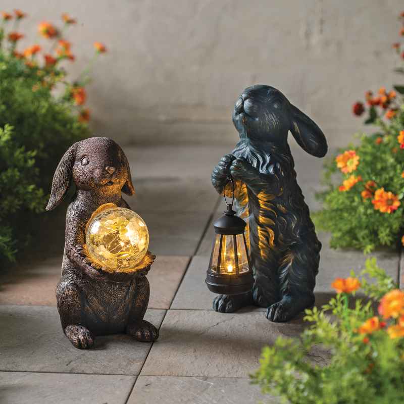 Rabbit Statue Holding Solar Gazing Ball