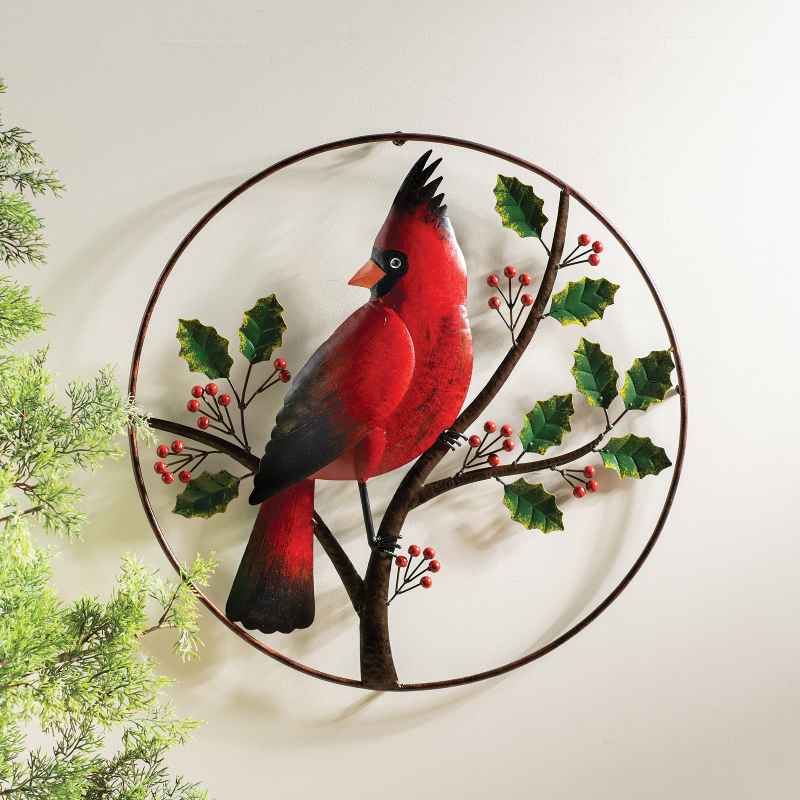 Recycled Metal Cardinal on Branch Wall Decor
