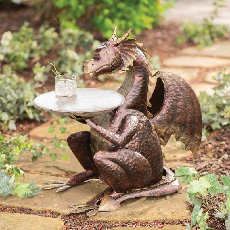 Recycled Metal Dragon Birdbath Side Table