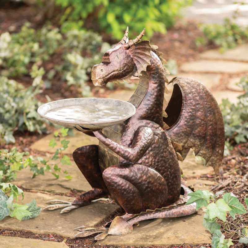 Recycled Metal Dragon Birdbath Side Table