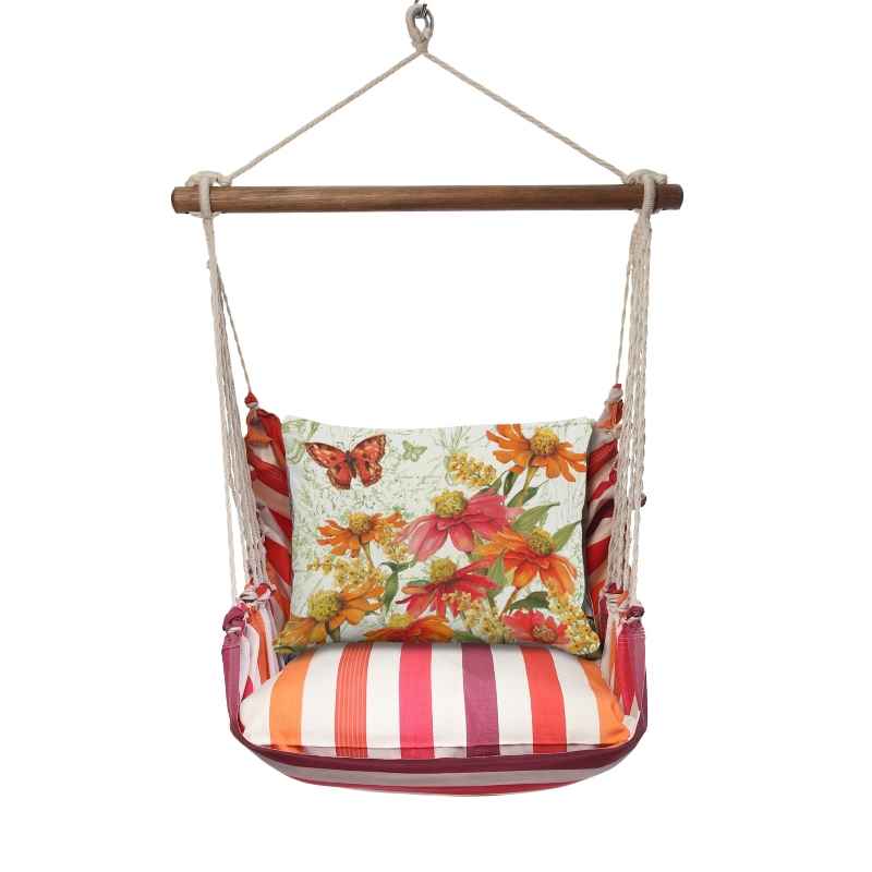 3 Piece Hammock Swing - Cristina Stripe with Zinnias Toile Pillow