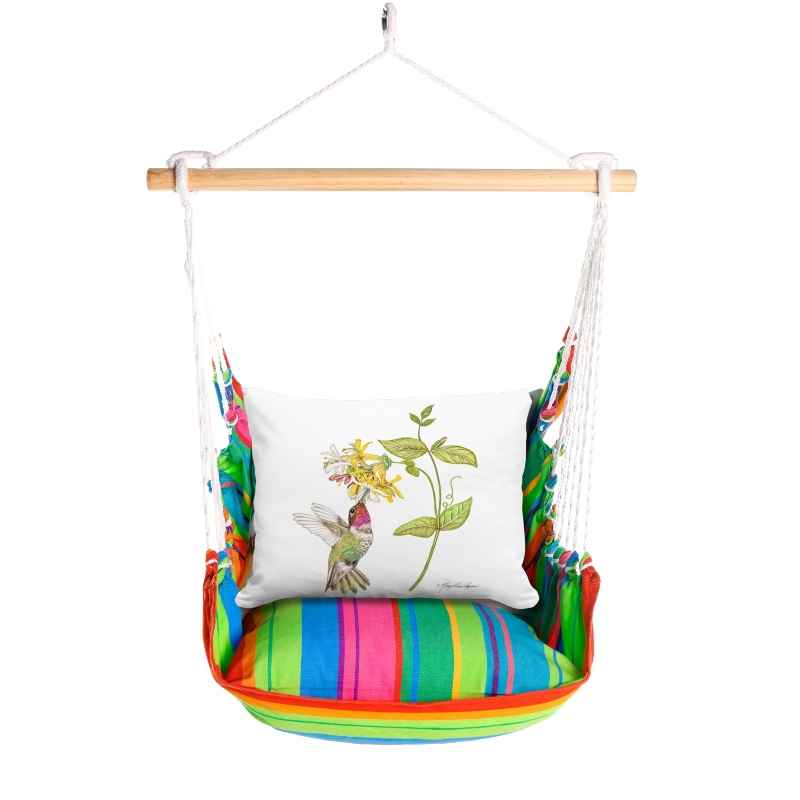 3 Piece Hammock Swing - Le Jardin Nouveau Stripe with Hummingbird Honeysuckle Pillow
