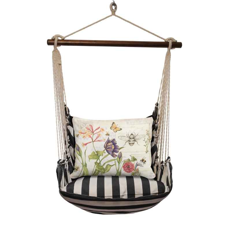 3 Piece Hammock Swing - Black Stripe with Bees and Flowers Pillow