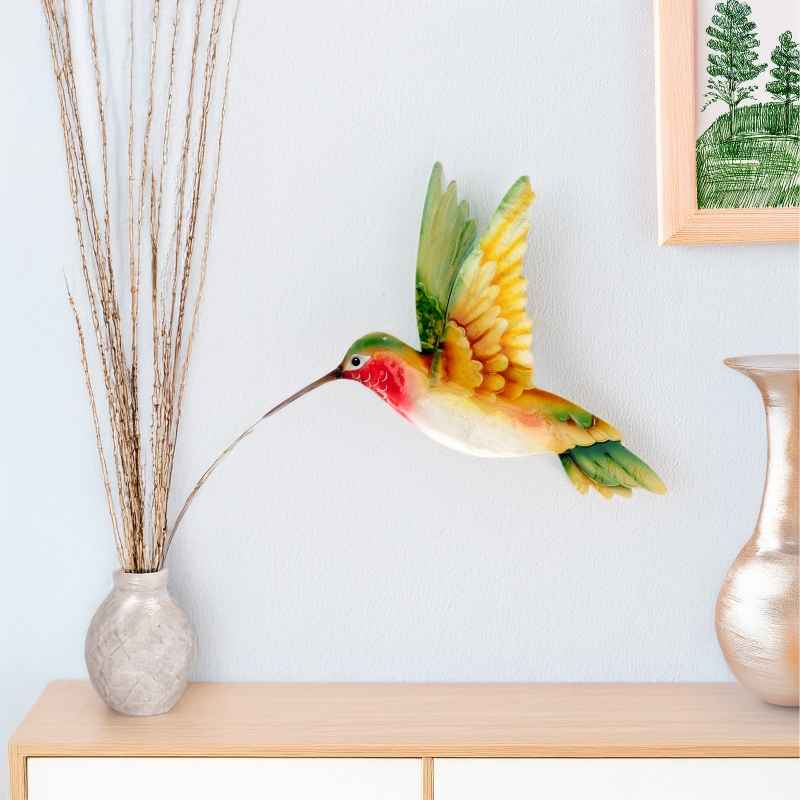 Hand-Painted Metal and Capiz Ruby-Throated Hummingbird Wall Art