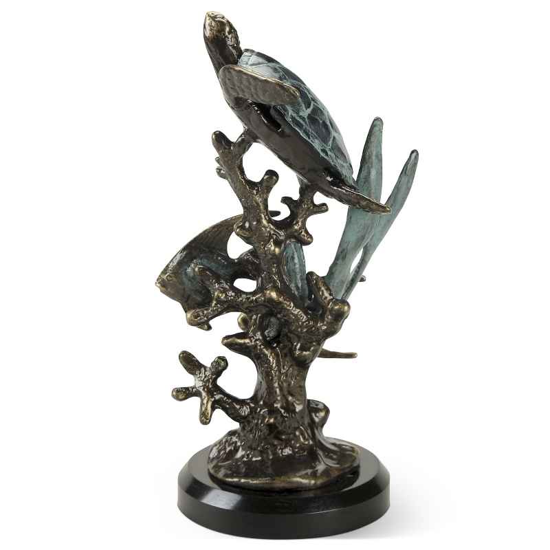 Aluminum and Marble Sea Turtle with Fish Sculpture