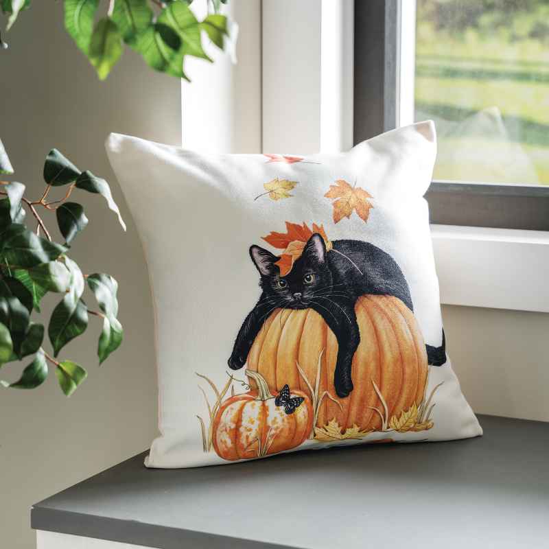 Indoor/Outdoor Cat with Pumpkins Pillow, 18