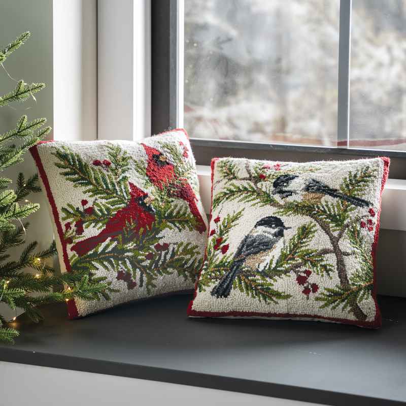 Chickadee Hooked Wool Pillow