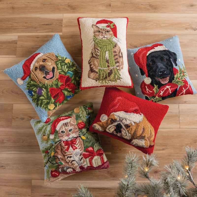 Tabby Cat Christmas Hooked Pillow