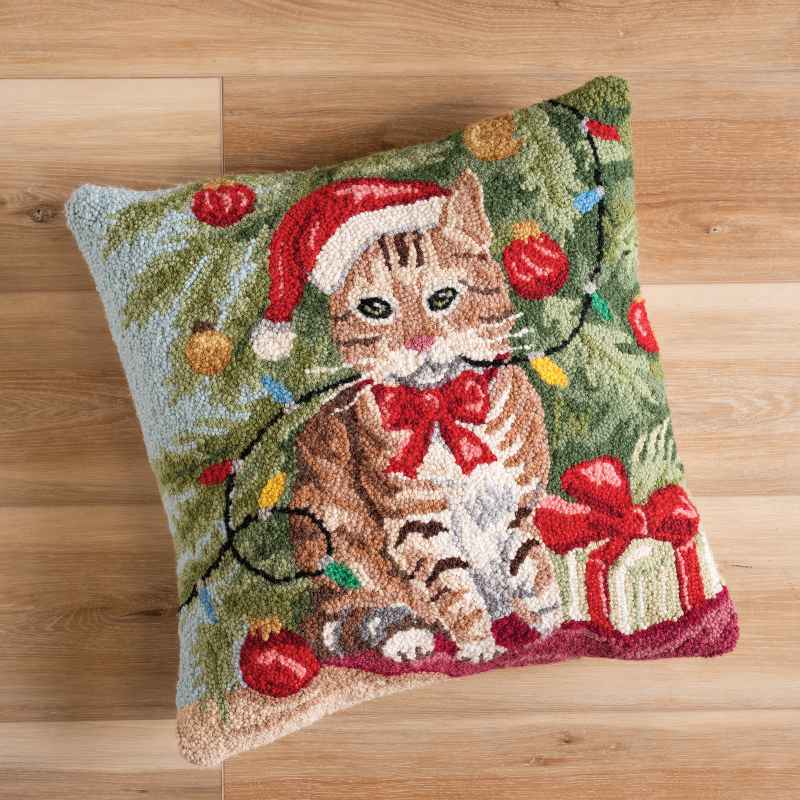 Tabby Cat Christmas Hooked Pillow