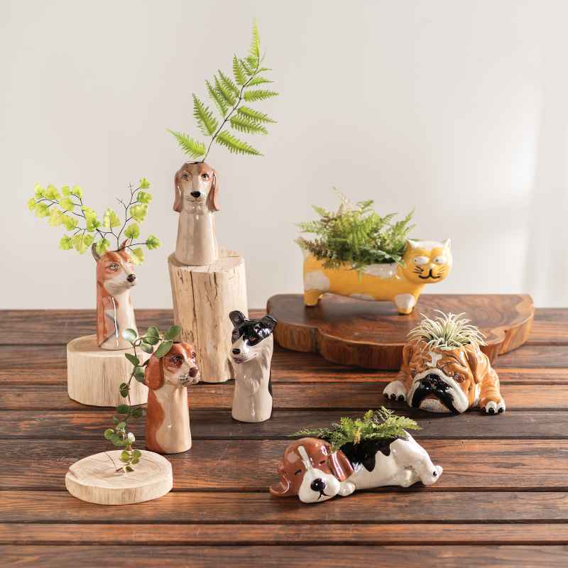 Set of 4 Hand-Painted Stoneware Dog Vases