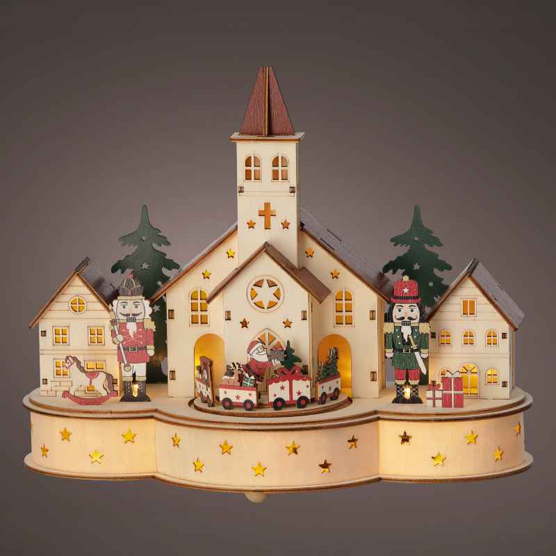 Wooden LED Christmas Village Church with Music