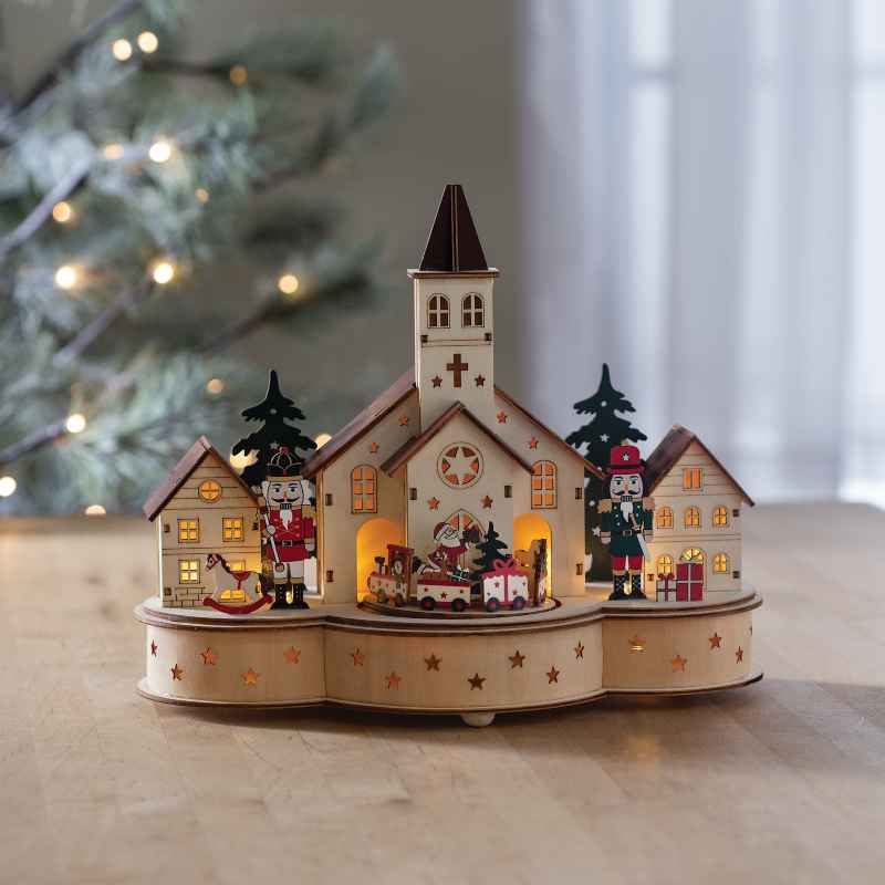 Wooden LED Christmas Village Church with Music