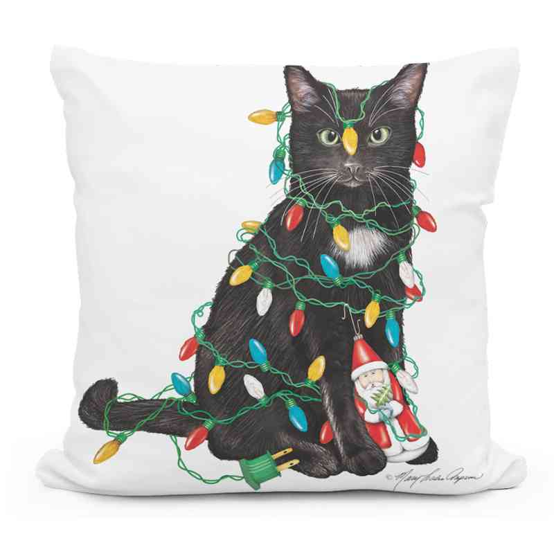 Indoor/Outdoor Cat with Christmas Lights Pillow, 18