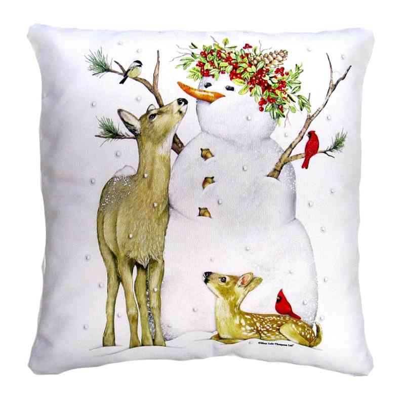 Indoor/Outdoor Snowman with Deer & Cardinals Pillow, 18