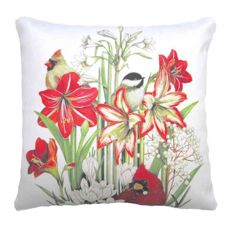 Indoor/Outdoor Winter Birds & Flowers Pillow, 18