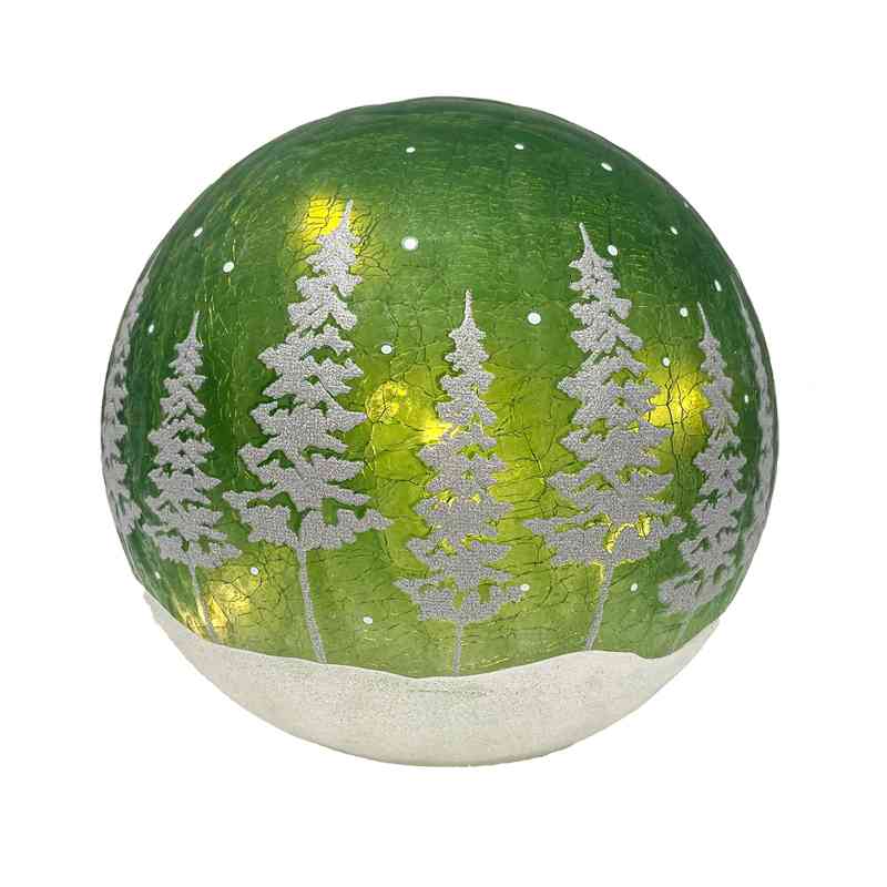 Green & Silver Trees LED Crackle Glass Globe