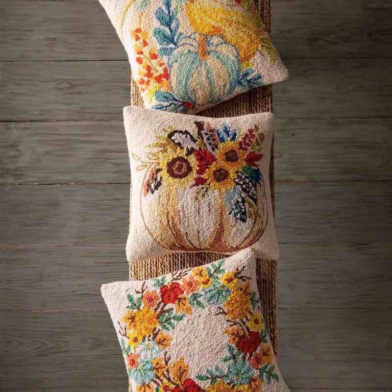Pumpkin Wreath Hand-Hooked Wool Throw Pillow, 16