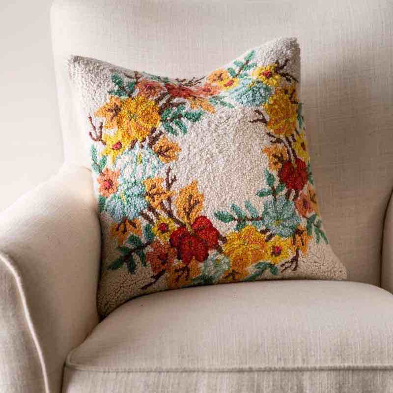 Pumpkin Wreath Hand-Hooked Wool Throw Pillow, 16
