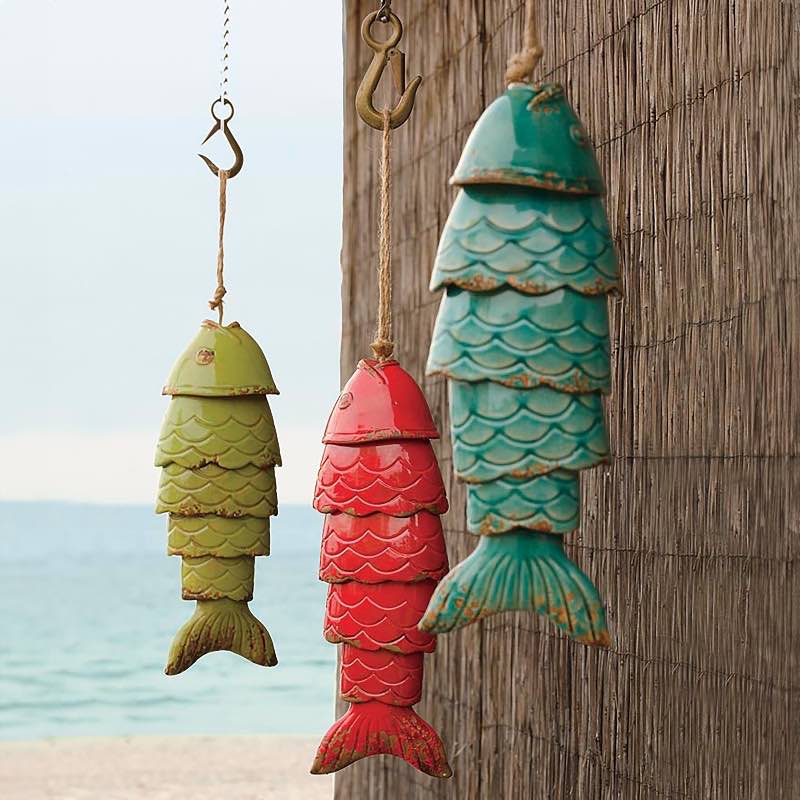 Colored Porcelain Koi Fish Wind Chime - Blue