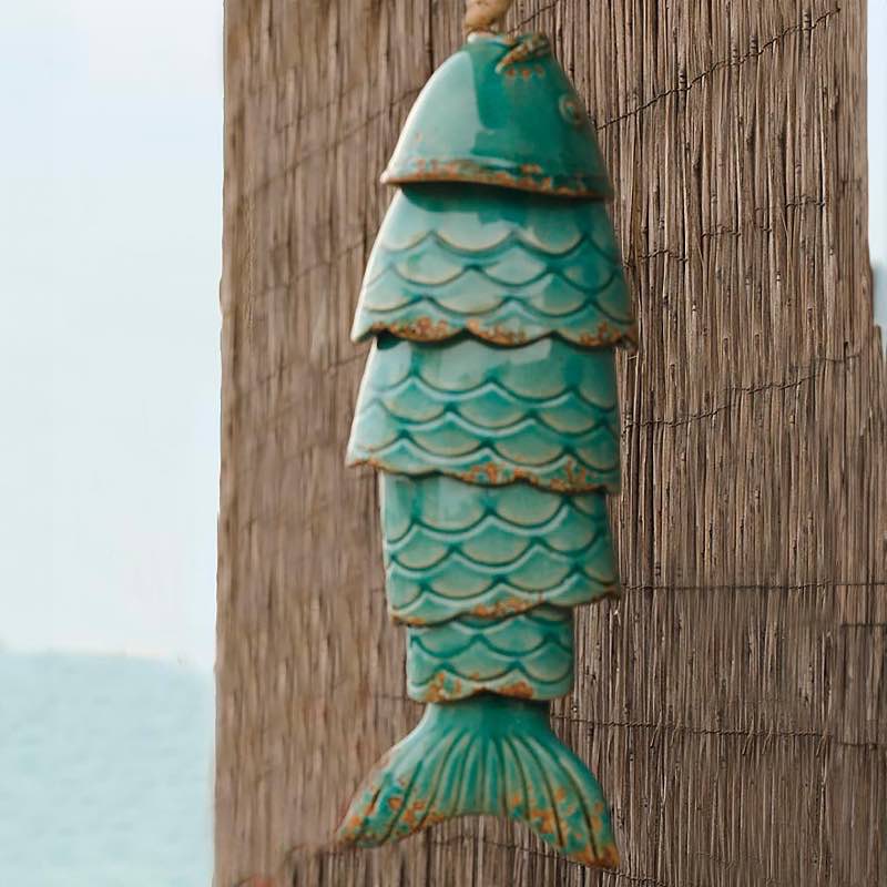 Colored Porcelain Koi Fish Wind Chime - Blue