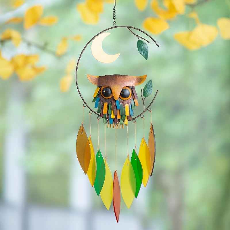 Colorful Metal and Glass Owl with Moon Wind Chime
