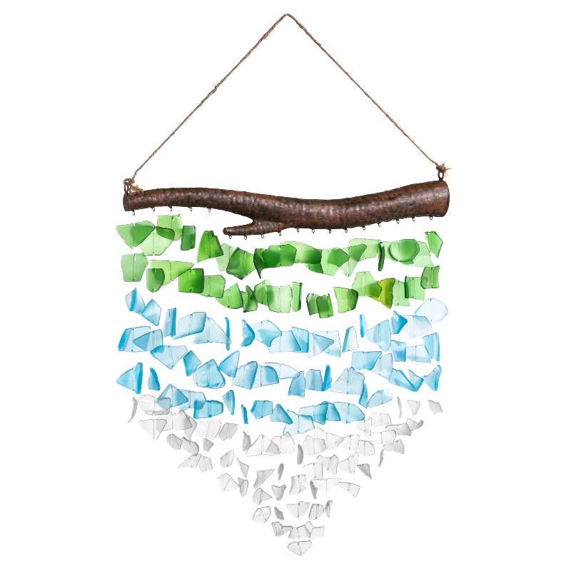 Handcrafted Recycled Glass Hung From a Metal Branch Ocean Waves Wind Chime