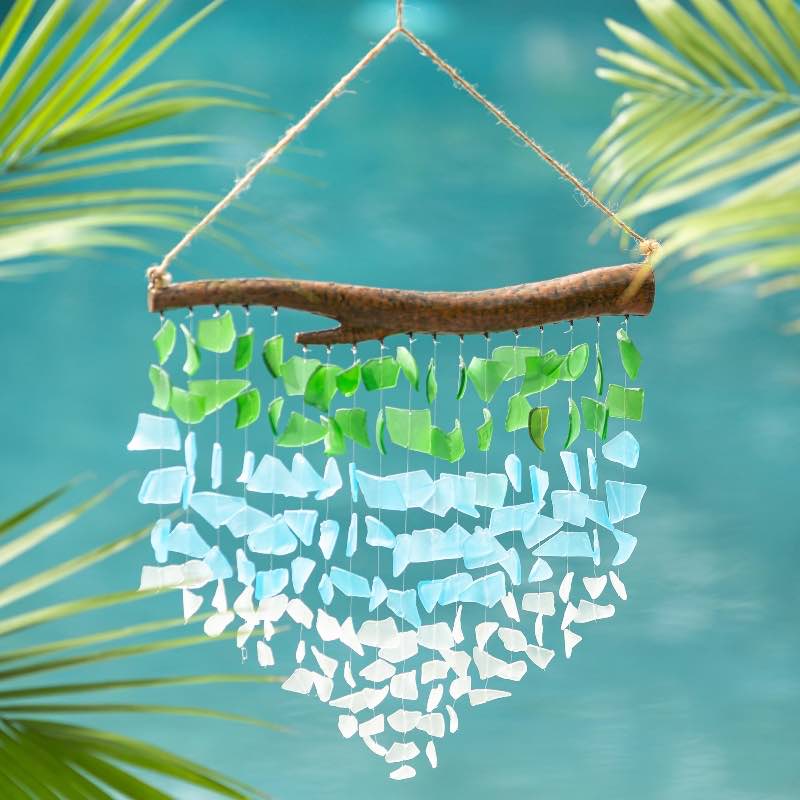 Handcrafted Recycled Glass Hung From a Metal Branch Ocean Waves Wind Chime