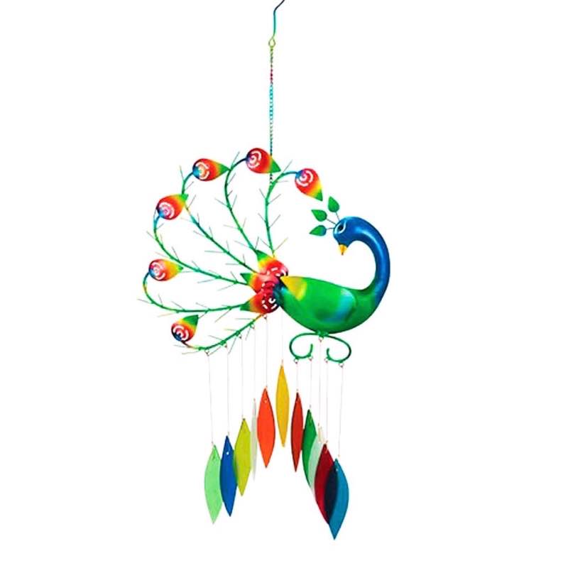 Handcrafted Metal Peacock Wind Chime with 11 Colorful Glass Feathers