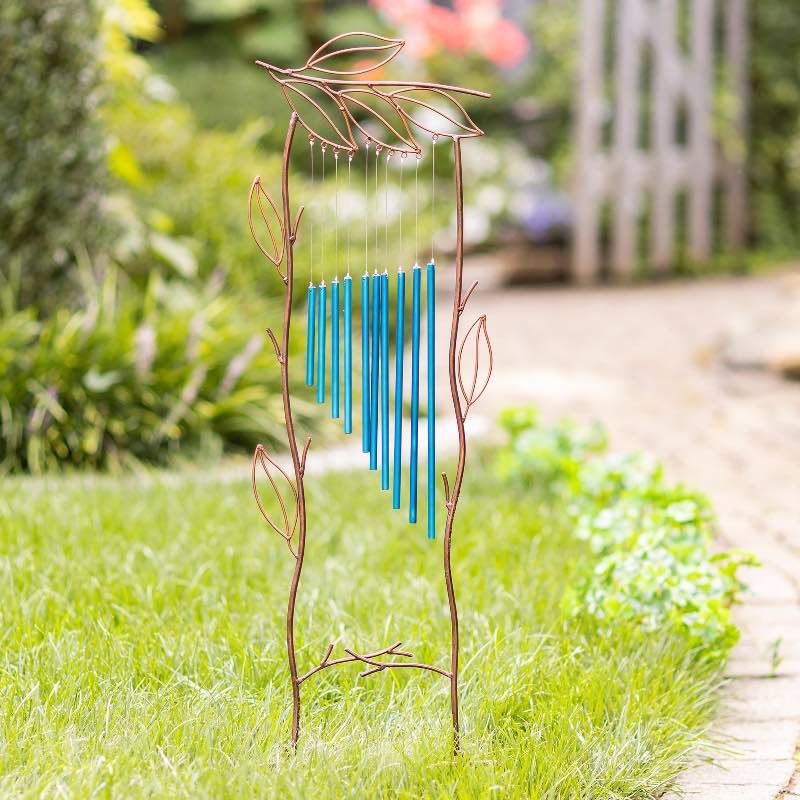 Metal Leaf Trellis with Blue Wind Chime