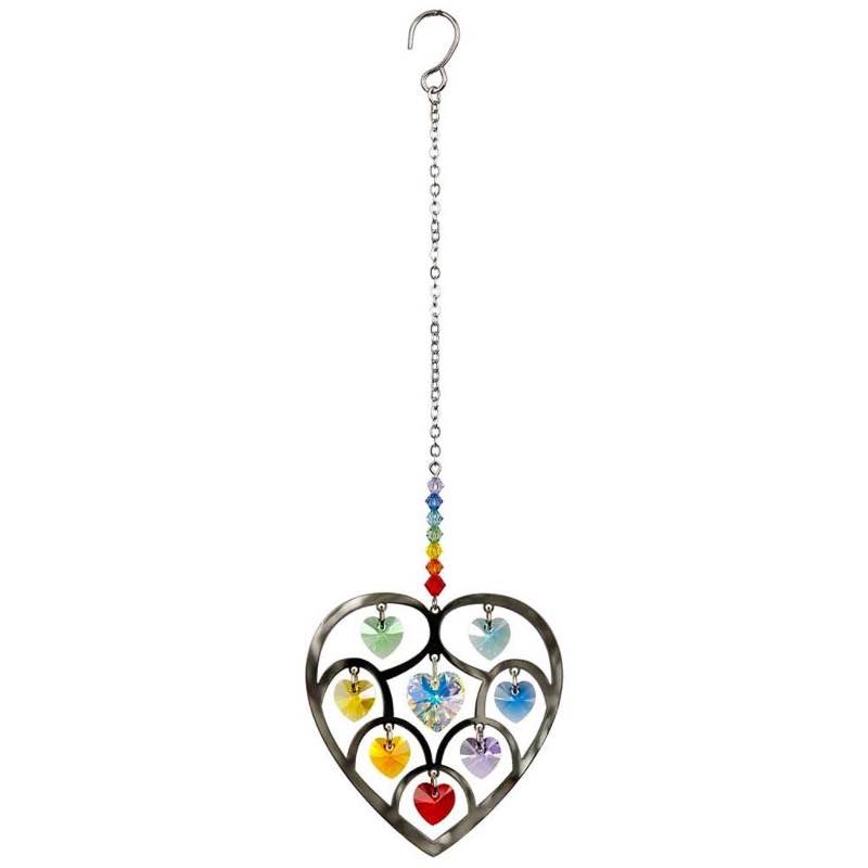 Silver-Plated Brass Heart Suncatcher with Colorful Crystals