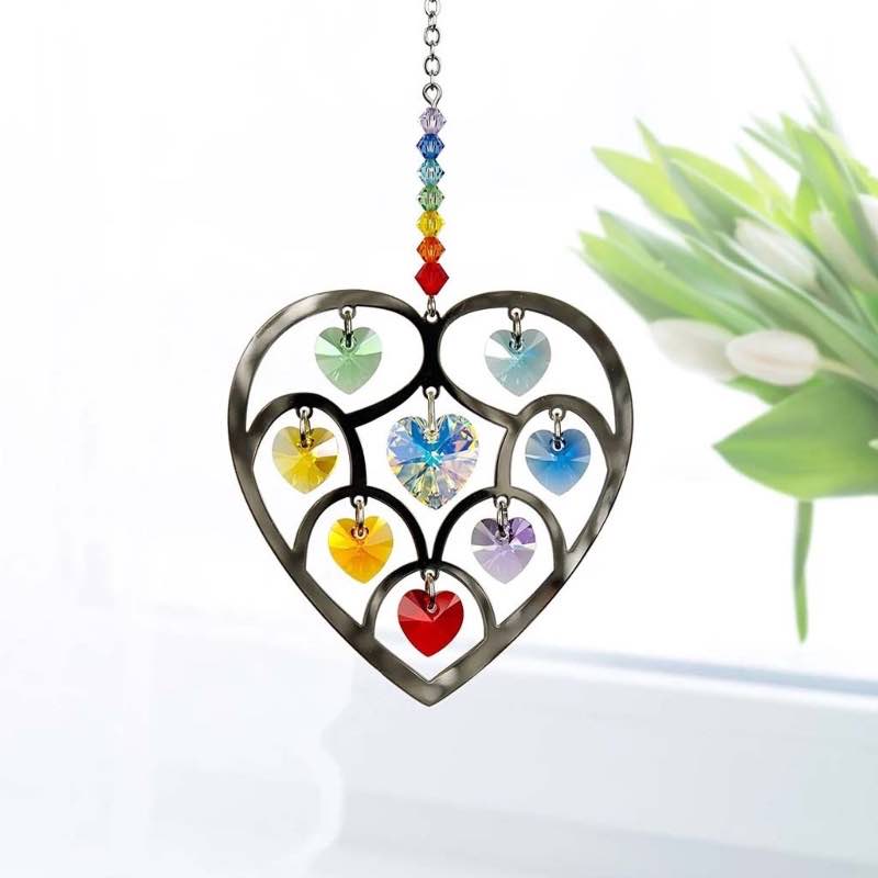 Silver-Plated Brass Heart Suncatcher with Colorful Crystals