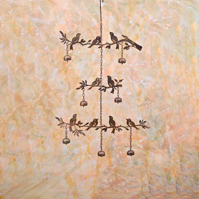 Flamed Metal Three-Tiered Birds and Bells Wind Chime