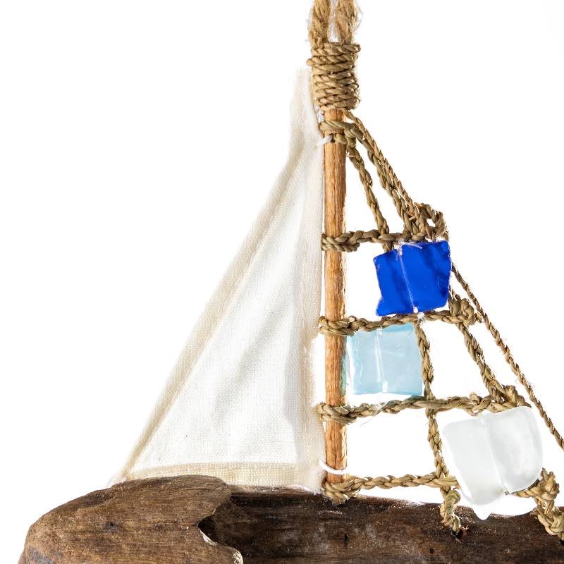 Recycled Glass Wind Chime on Driftwood Boat