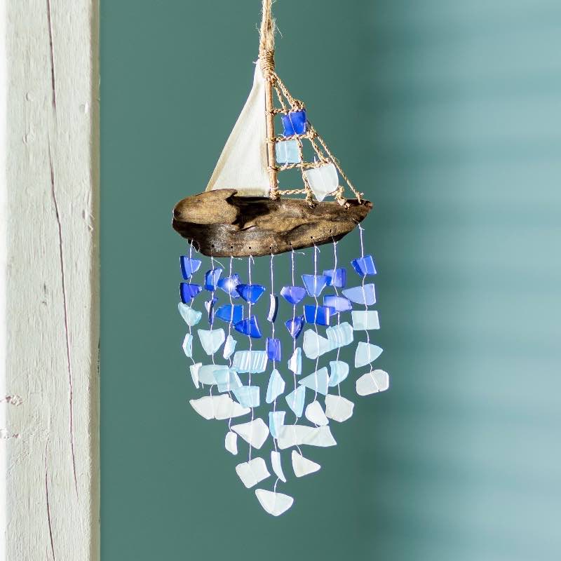 Recycled Glass Wind Chime on Driftwood Boat