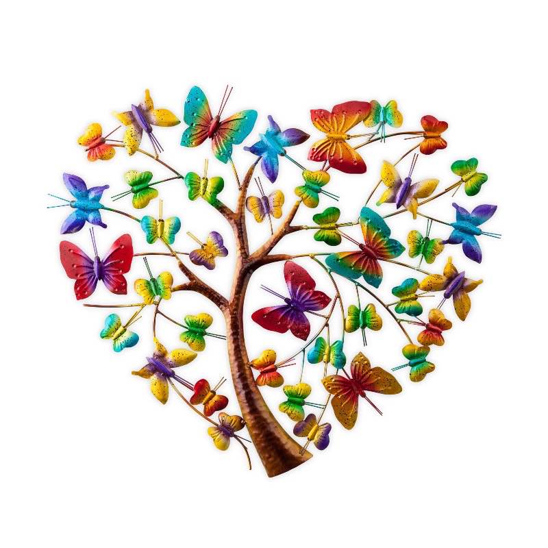 Handcrafted Colorful Metal Butterfly Heart Tree Wall Art