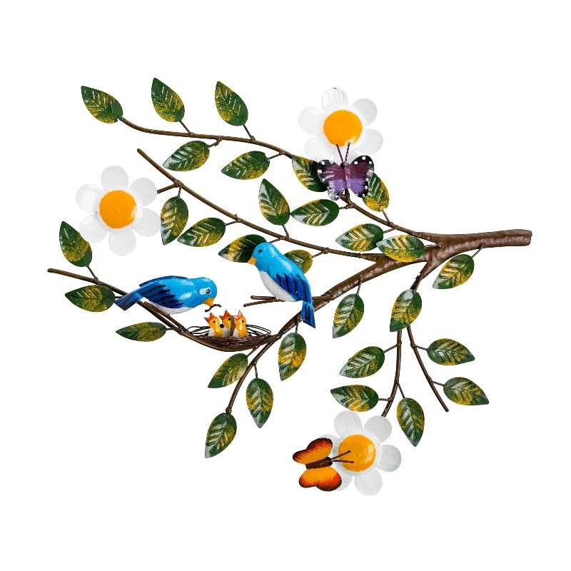 Handcrafted Metal Bluebirds and Babies on a Branch Wall Art