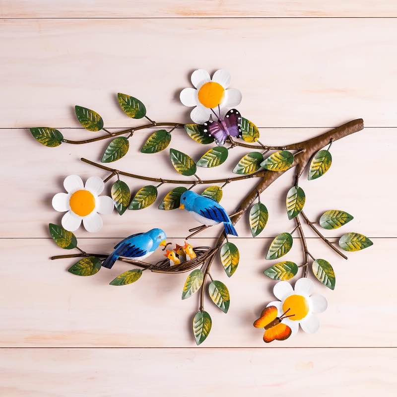 Handcrafted Metal Bluebirds and Babies on a Branch Wall Art